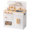 ROBOTIME Wooden Play Kitchen for Kids, White Kids Kitchen Playset with Pizza Oven, Cutting Pizza, Cookware & Accessories, Pretend Play Kitchen Toy for Toddlers Ages 3+
