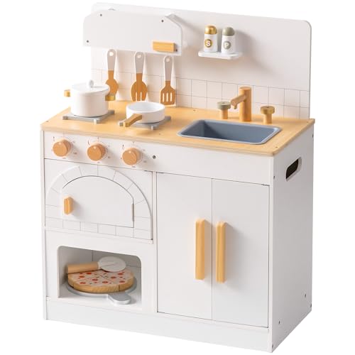ROBOTIME Wooden Play Kitchen for Kids, White Kids Kitchen Playset with Pizza Oven, Cutting Pizza, Cookware & Accessories, Pretend Play Kitchen Toy for Toddlers Ages 3+