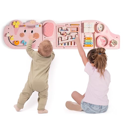 ROBUD Elephant Montessori Busy Board, 12-in-1 Activity Wall Busy Board, Montessori Sensory Wall Panel for Boys & Girls, Toddler Learning Activity Center for Playroom, Nursery, Pink