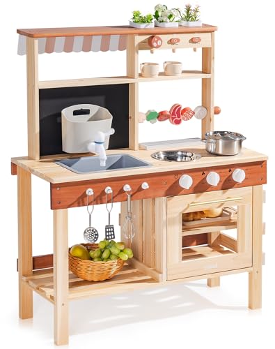 ROBUD Mud Kitchen for Kids Outdoor, BBQ Grill Solid Wood Outdoor Play Kitchen, Green Kids Mud Kitchen with Working Water Tap, Blackboard, Garden Sink, Monteeori Toys for Children Ages 3+, WH009