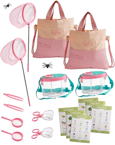 ROBUD Pink Dual Bug Catcher for Kids, Bug Catching Kit with Bag Kit, Pink Outdoor Exploration Set for Camping, Montessroi Toy for Kids Coming Closer to Nature, WRP60