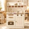 ROBUD Play Kitchen, Wooden Kids Kitchen Playset for Kids with Realistic Design, Sink, Oven, Stove, Cabinet, American Vintage Style, Age 3+