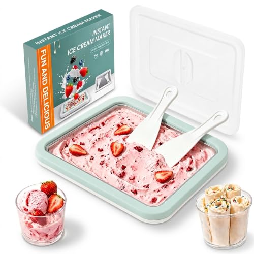Rolled Ice Cream Maker Kit, At Home Ice Cream Roller Maker Machine with Instant Freeze Tray with Lid & 2 Spatulas, roll ice cream maker for Family Activities, Frozen Yogurt Machine (Mint Green)