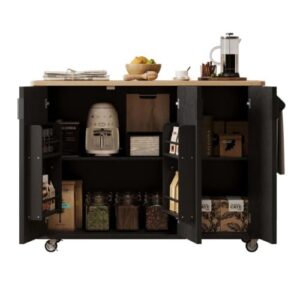 Rolling Island Cart for Kitchen with Drop Leaf Internal Storage Rack, Kitchen Storage Islands and Carts with Wheels Towel Rack， for Kitchen, Dining Room, Black