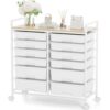 Rolling Storage Cart with 12 Drawers, Wooden Tabletop Utility Cart for Craft Storage, Art Supply Storage & Home Office Organization, Teacher Cart with Wheels for Classroom, School (White)