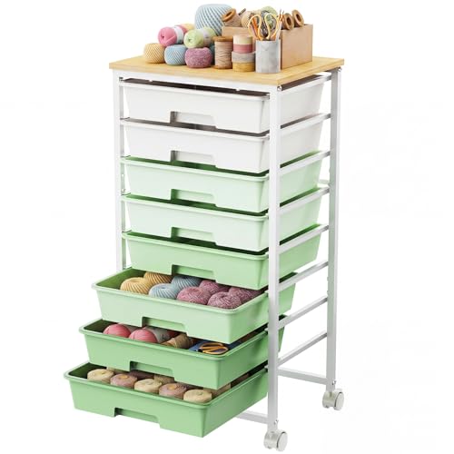 Rolling Storage Cart with 8 Drawers, Utility Cart on Wheels with Metal Frame and Wooden Tabletop for Living Room Bedroom Dorm, Office Storage & Art Supply Craft Organizer for Classroom, Green