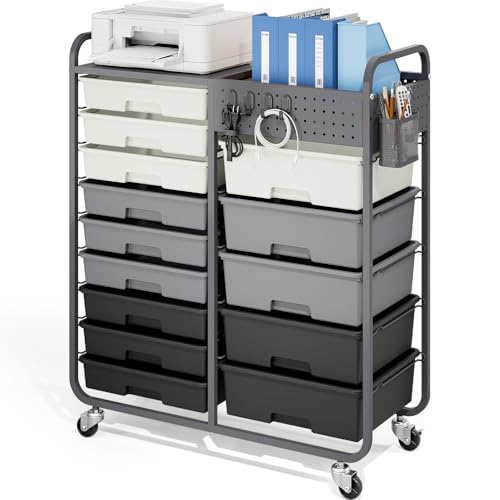 Rolling Storage Cart with Drawers, Storage Organizer Cart with Wheels and Wooden Tabletop,Utility Cart for Living Room, Classroom, Bedroom,Bathroom,Dorm,Office (Grey)