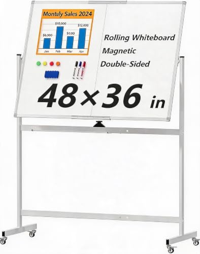 Rolling Whiteboard 48x36 Double-Sided, Large White Board on Wheels 4'X3' Magnetic Dry Erase Board with Stand,Portable Standing Whiteboard Easel for Home Office Classroom School