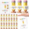 Roowest 24 Set Back to School Teacher Gifts Bulk, Thank You for Helping Me Grow, Positive Support Mini Rubber Figurine with Thank You Cards for Teachers Day Encouragement(24 Pcs,Pencil)