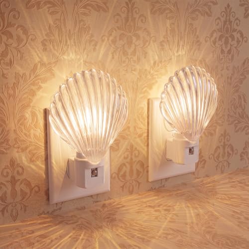 Ropoloogy 2 Pcs Coastal Night Light LED Night Lighting Plug into Wall with Light Sensor Sea Bathroom Decor Ocean Glass Rotating Nightlights White Soft Lighting for Home Hallway Bedroom (Seashell)