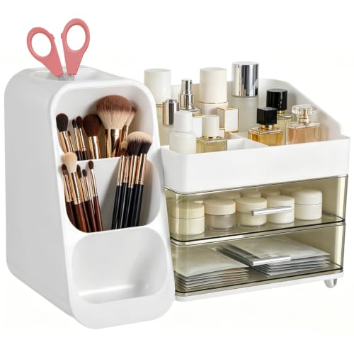 Roriori Makeup Organizer with Drawers, Large Capacity Vanity Storage Box with Brush Holders, Desk Countertop Cosmetic Organizer Case for Skincare, Perfumes, Jewelry, Office Supplies
