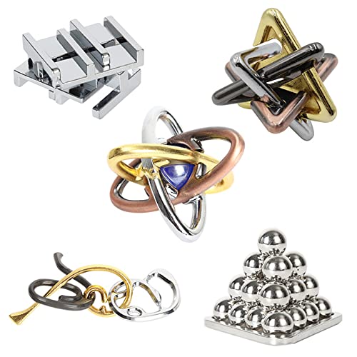 RoseFlower 5 pcs IQ Test Puzzle Brain Teaser Metal Wire Puzzles Mind Game Educational Toys High Difficulty Disentanglement Unlock Interlock Game Magics Toy for Kids Adults Challenge Interlock Toy