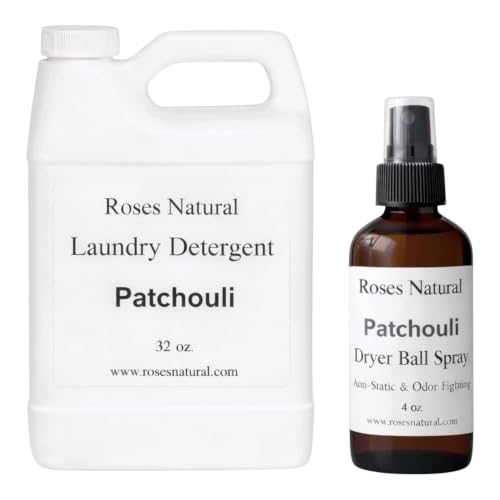 Roses Natural Laundry Essentials Bundle, Plant-Based Laundry Detergent + Dryer Ball Spray, Reduces Static & Odor, Long-Lasting Freshness, 32 oz Detergent + 4 oz Spray (Patchouli)