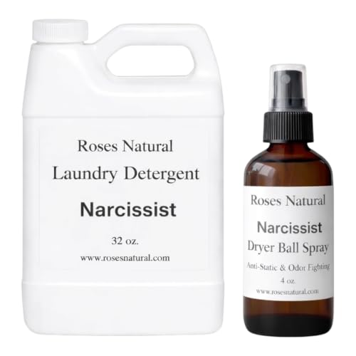 Roses Natural Laundry Essentials Bundle, Plant-Based Laundry Detergent + Dryer Ball Spray, Reduces Static & Odor, Long-Lasting Freshness, 32 oz Detergent + 4 oz Spray (Narcissist)