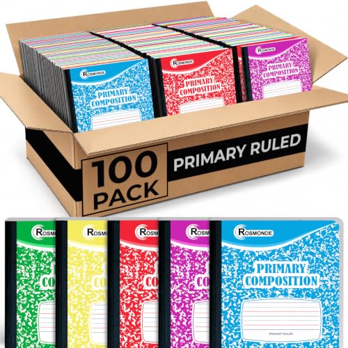 Rosmonde 100 Pack Bulk Primary Composition Notebooks, 200 Pages (100 Sheets), 9-3/4" x 7-1/2", Grades K-2, Primary Ruled Composition Notebook, Bulk Writing Journal, Hardcover, Assorted Marble