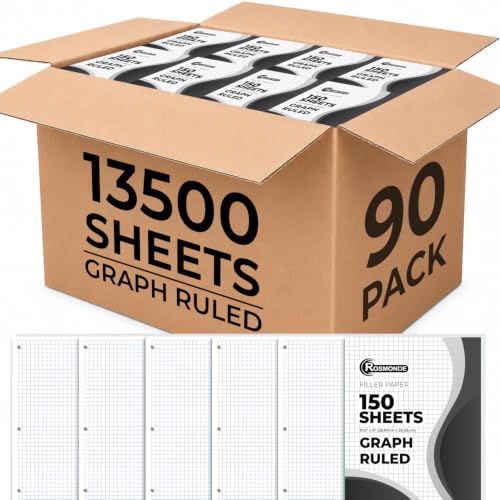 Rosmonde 90 Pack, 13500 Sheets Graph Paper Bulk, 4x4, 8" x 10.5", Bulk Loose Leaf Paper, Bulk Grid Paper, Thick Graphing Paper, Fights Ink Bleed, 3 Hole Punched, Quad Ruled Sheets, Bulk School Supply