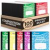 Rosmonde Composition Notebooks Primary Ruled 100 Pack, 200 Pages (100 Sheets), Color Marble Composition Notebook, Sewn Binding Hard Cover, Bulk Primary Composition Notebook, Writing Dotted Lined