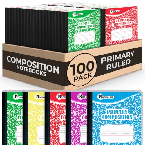 Rosmonde Composition Notebooks Primary Ruled 100 Pack, 200 Pages (100 Sheets), Color Marble Composition Notebook, Sewn Binding Hard Cover, Bulk Primary Composition Notebook, Writing Dotted Lined