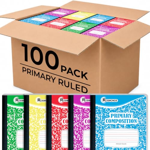 Rosmonde Composition Notebooks Primary Ruled 100 Pack, 200 Pages (100 Sheets), Color Marble Composition Notebook, Grades K-2, Bulk Primary Composition Notebook, Writing Dotted Lined