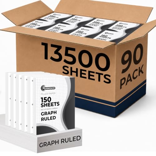 Rosmonde Loose Leaf Paper Bulk, 13500 Sheets, 90 Pack, Quad Ruled Sheets, 8" x 10.5", Bulk Loose Leaf Paper, 3 Hole Punched, Fights Ink Bleed, 150 Sheets/Pack, Thick Graphing Paper, School Supplies