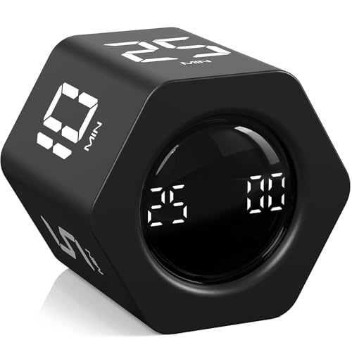 Rotating Pomodoro Timer 5, 25, 10 30,60 Mins Preset Stopwatch, Desk Flip ProductivityTimer, ADHD Tool Hexagon, Vibration/Mute/Alarm, for Work, Study, Back to School, Kitchen, Black