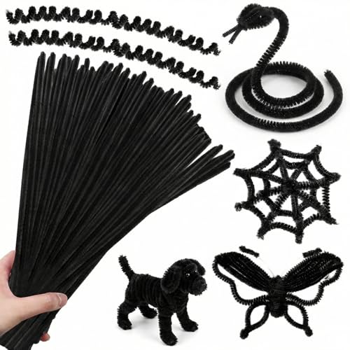 RoundFunny 150 Pcs 39 Inches Extra Long Black Pipe Cleaners Crafts, 6mm Fuzzy Chenille Stems Bulk for DIY Art Projects Flower Creative Supplies Wrapping Party Decorations