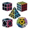 Roxenda Speed Cube Set, [5 Pack] Magic Cube Bundle of 2x2 3x3 Skew Megaminx Cube and Pyramid Cube Smoothly Speed Cubes Collection for Kids Teens & Adults (Carbon Fiber)