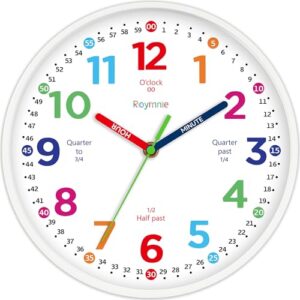 Roymnie Wall Clock for Kids Learning to Tell Time Non Ticking Battery Operated Kids Teaching Clock Small Teaching Time Clock Decorative for Kids Room Classroom School (8 Inch)