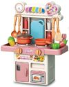 R REVA Mini Kitchen Playset for Kids Ages 3-8, 33PCS Compact Tabletop Pretend Play Cooking Set, 45cm Tall with Water Circulation Sink, Light & Sound Effects, Cookware & Food Accessories