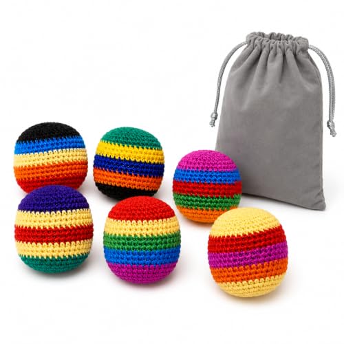 RRIVAN 6 Pack Footbags Hand Knit Sand Filled Kick Balls with Velvet Storage Bag, Soft Weighted Crochet Juggling Balls for Kids Adults, Outdoor Lawn Game Screen Free Toy for Beginners Party Favors