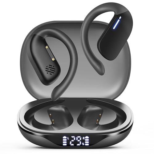 RSPK Open Ear Earbuds, Spatial Audio Wireless Earbuds, Bluetooth Headphones 5.4 with Smart Digital Display, 36H Playtime, IP7 Waterproof, Touch Control Operate Fit Cycling, Running, Gaming, Dark Gray