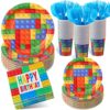Rtteri 216 Pcs Building Brick Party Supplies Include 72 Blocks Theme Birthday Brick Paper Plates 72 Block Napkins 36 Block Cup and 36 Disposable Fork Gamer Party Tableware Decorations