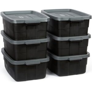 Rubbermaid 6-Pack Totes for Storage with Lids, Heavy Duty Plastic Storage Bins with Lids, Black Gray, 10 GAL - Stackable for Garage, Attic, Camping (10 GAL - 6 Pack Solid Black and Grey)