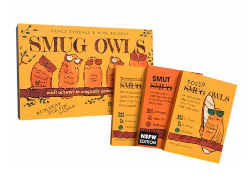 Runaway Parade Games Smug Owls Card Game + 3 Expansion Packs - an Award-Winning Hilarious & Creative Riddle-Solving Party Game | 15-20 min | 3-15 Players
