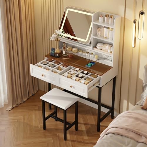 Runboll White Vanity Set with Stool and LED Lighted Mirror, Makeup Vanity Dresser with Power Outlet, Dressing Table with 2 Drawers and Shelves, Vanity with Storage and Amber Glass Top for Bedroom