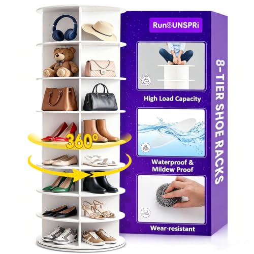 RUNSUNSPRI 8 Tier Rotating Shoe Rack Corner Organizer 360°Rotating Shoe Rack Tower Spinning Shoe Rack Tower for Bedroom Entryway Closet Holds 28-32 Pairs of Shoes Handbags Hats Display Decor