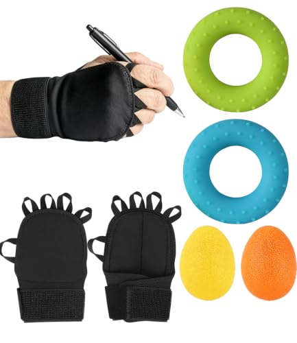 Runtlly 6 Pcs Hand Therapy Kit, Weighted Writing Gloves with Adjustable Wrist Strap, 4 Resistance Hand Exercisers to Boost Grip Strength for Parkinson’s, Tremors, Arthritis & Stroke Recovery Light