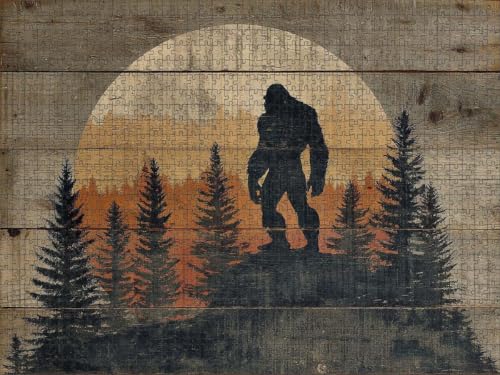 Rustic Bigfoot Sasquatch Silhouette Wooden Jigsaw Puzzle 1000 Pieces for Adults with Pine Forest Trees and Large Sunset Moon on Distressed Wood Texture for Family Game Night Gift Men Women Nature