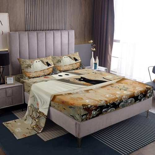 Rustic Farmhouse Ghost Fitted Sheet Set Twin Size 3 Pcs,Halloween Country Funny Cat Bed Sheet Sets,European Vintage Floral Bathtub Bubble Bedding Set with 1 Flat Sheet 1 Pillowcase