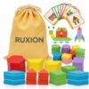 Ruxion 209 PCS Wooden Pattern Blocks for Kids, Geometric Shape Puzzle Set with Activity Cards and Storage Bag, Educational Tangram Toys for Preschool Learning, Classroom, Travel, and Gifts