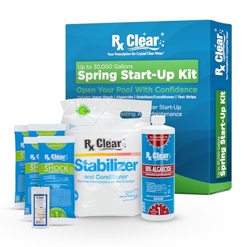 Rx Clear Spring Start-Up Kit | Chemicals for Opening Swimming Pools | Above Ground or Inground Up to 30,000 Gallons | Includes Shock, Algaecide, Stabilizer/Conditioner, Tile Cleaner & Test Strips