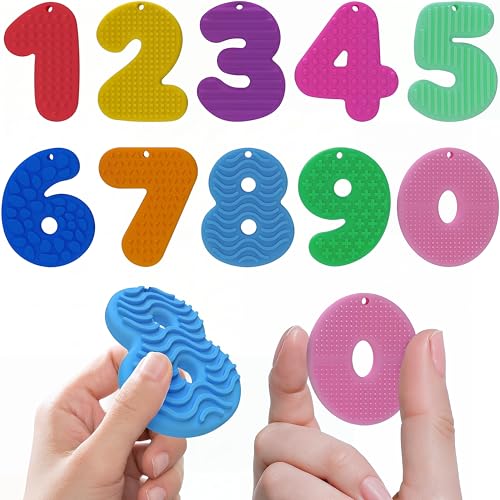 Rxuiael 10 Pieces Silicone Number Toys for Kids 3+, Tactile Counting Stones with Keychains, Educational Backpack Charms, Quiet Sensory Travel Accessories for Flights & Car Rides