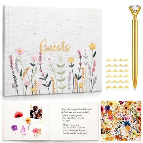 Sabary 10 x 8 Inch Embroidered Guest Book with 4 Pens 50 Stickers 144 Photo Corners, Floral Linen Hardcover Guest Book for Wedding Reception Baby Shower Birthday Party Anniversary Milestone Events