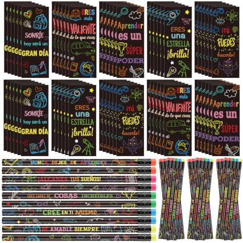 Sabary 120 Pcs Back to School Gifts Spanish Motivational Pencils and Bookmarks Set, Bilingual Classroom Student Rewards Prizes with Inspirational Quotes, 60 Wood Pencils & 60 Bookmarks