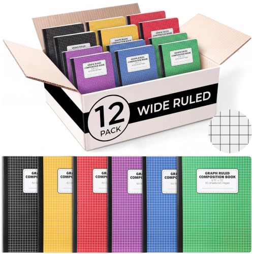 Sabary 12 Packs Graph Ruled Composition Book Notebooks (60 Sheets Each), 9.75 x 7.5 Inch, 4 x 4 Grid Paper, 6 Colors, Subject, Drawing, Charts, Writing and Notes for Office School Work