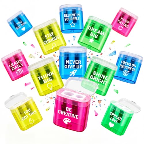 Sabary 48 Pack Manual Pencil Sharpener Bulk Colored Dual Hole Handheld Sharpeners with Lid and Motivational Quotes for Students School Class Home Office Supplies (Rectangular Style)