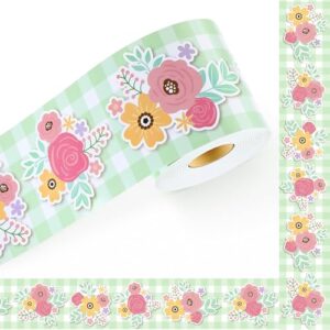 Sabary 65ft Bulletin Board Borders Flower Die-Cut Rolled Border Trim Classroom Decoration, Floral Gingham Designs for Back to School Supplies Wall Door Decor(Green)