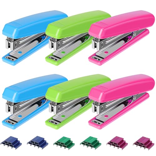 Sabary 6 Pack Back to School Desktop Office Stapler Bulk with 3000 Staples 25 Sheet Capacity Staplers for Student College Desk One Touch No Effort Easy to Load Lightweight Office Supply, 3 Colors