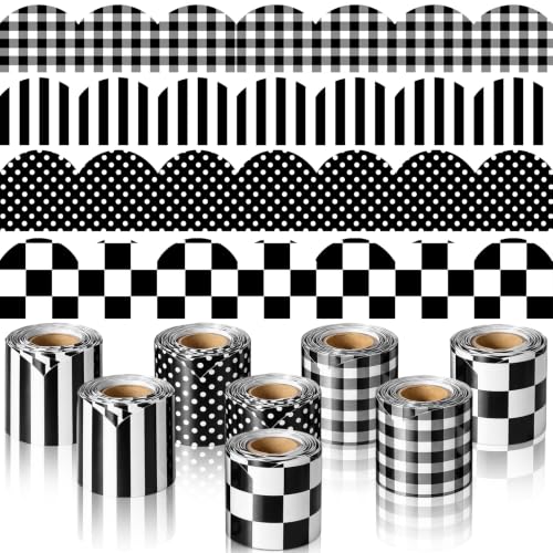Sabary Black 210 Ft Scalloped Bulletin Board Borders Classroom Border Trim 8 Roll Checkered Striped Gingham Polka Dots Bulletin Board Border Decoration for School Office Home Chalkboard Supplies