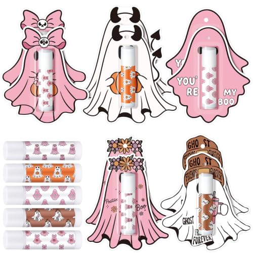 Sacubee 10 Pack Halloween Party Favors Bulk Cute Ghost Lip Balms Gifts Pink Vintage Halloween Party Gifts Appreciation Goodies Stuffers Small Thank You Presents for Women Men Staff Coworkers Adults
